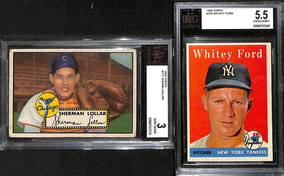 Lot of (4) BVG Graded 1950s Topps Cards - 1952 Sherm Lollar (BVG 3), 1958 Whitey Ford (BVG 5.5), 1958 Bill Skowron (BVG 5.5), 1958 Crandall/Mathews/Aaron/Adcock (BVG 5.5)