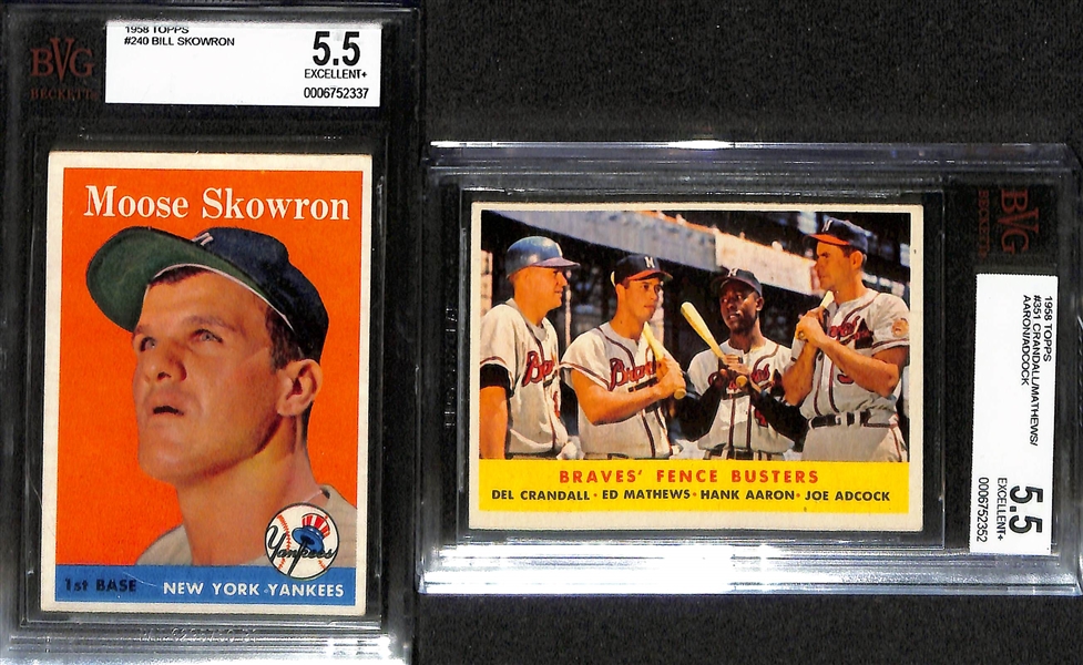Lot of (4) BVG Graded 1950s Topps Cards - 1952 Sherm Lollar (BVG 3), 1958 Whitey Ford (BVG 5.5), 1958 Bill Skowron (BVG 5.5), 1958 Crandall/Mathews/Aaron/Adcock (BVG 5.5)