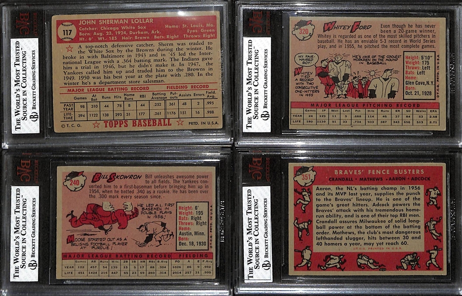 Lot of (4) BVG Graded 1950s Topps Cards - 1952 Sherm Lollar (BVG 3), 1958 Whitey Ford (BVG 5.5), 1958 Bill Skowron (BVG 5.5), 1958 Crandall/Mathews/Aaron/Adcock (BVG 5.5)