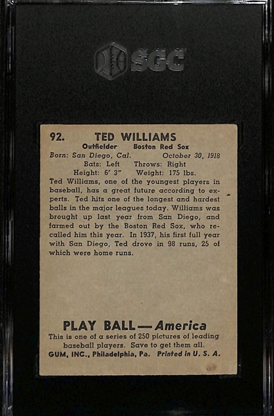 1939 Playball Ted Williams Rookie Card #92 Graded SGC 4