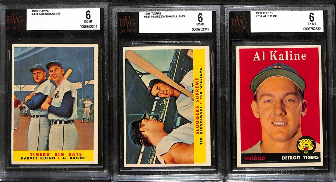 Lot of (3) BVG Grade 6 1958 Topps Cards - Kuenn/Kaline, Kluszewski/Williams, Al Kaline 