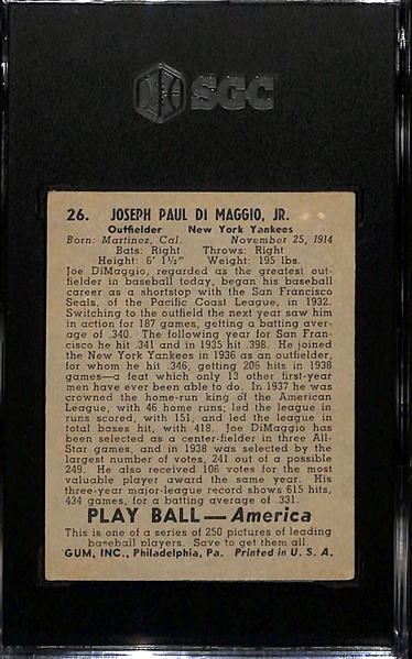 1939 Playball Joe DiMaggio Rookie Card #26 Graded SGC 3