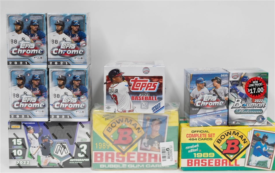 Lot of (9) Sealed Baseball Boxes- 2021 Topps Update Jumbo, 2022 Mosaic Hobby, 1989 Bowman, (4) 2021 Topps Chrome Blasters, 2020 Topps Chrome Blaster, 2022 Bowman Platinum
