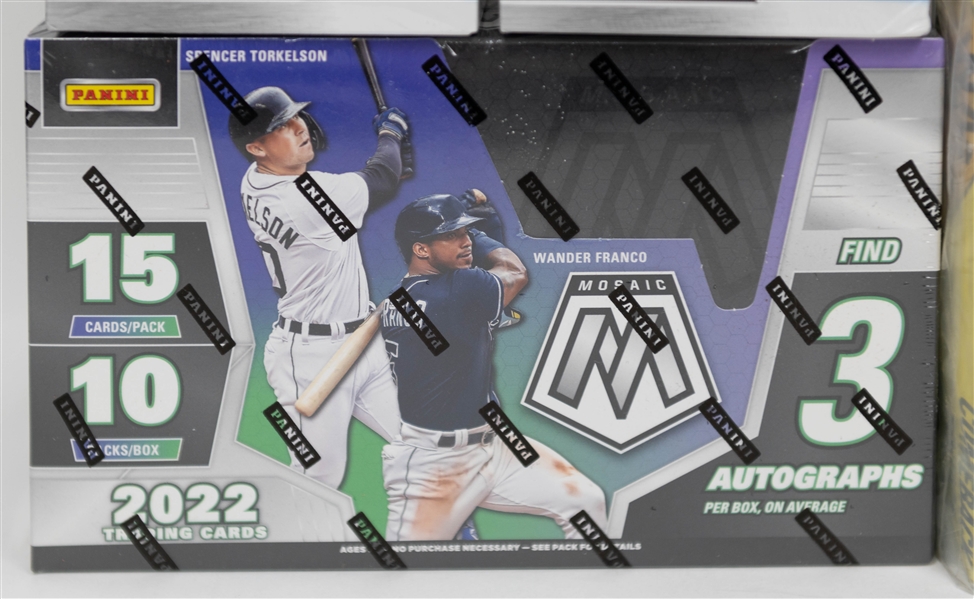 Lot of (9) Sealed Baseball Boxes- 2021 Topps Update Jumbo, 2022 Mosaic Hobby, 1989 Bowman, (4) 2021 Topps Chrome Blasters, 2020 Topps Chrome Blaster, 2022 Bowman Platinum
