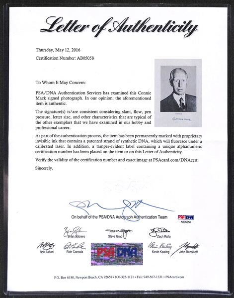Connie Mack Signed 10x7 Black & White Photo - PSA/DNA Letter of Authenticity