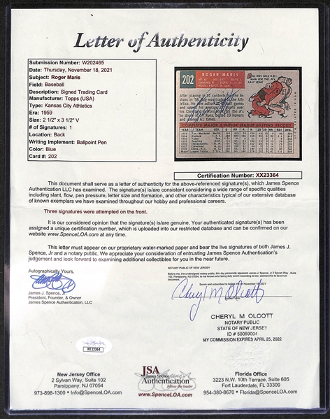 Roger Maris Signed Baseball 1959 Topps Baseball Card - Full JSA Letter of Authenticity