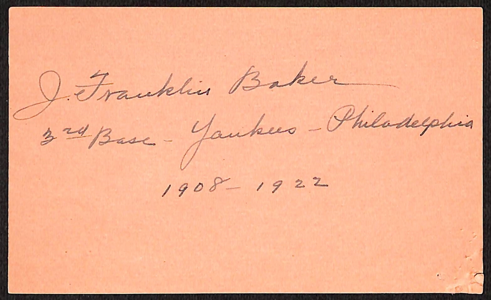 Frank Home Run Baker Signed Index Card - Full JSA Letter of Authenticity