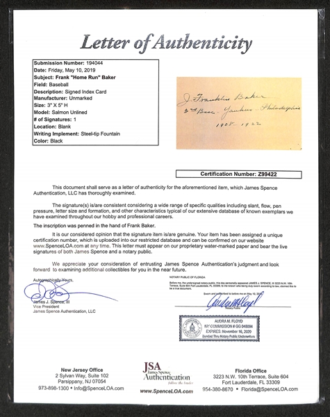 Frank Home Run Baker Signed Index Card - Full JSA Letter of Authenticity