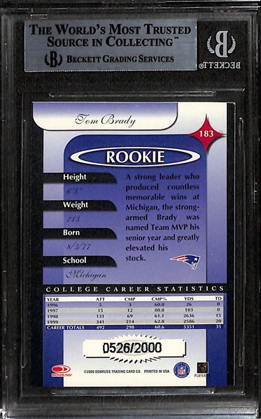 2000 Donruss Elite Tom Brady Rookie Card #183 (#/2000) Graded BGS 9