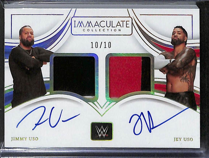Lot of (2) 2023 Panini Immaculate Collection WWE Jey Uso and Jimmy Uso Patch Autographs #/10