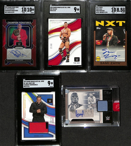 Lot of (5) Raw and SGC Graded Serial Numbered WWE Cards w. Gunther #/99, The Miz #/10, Sami Zayn #/99, Jimmy Uso #/10, and Andrade #/99