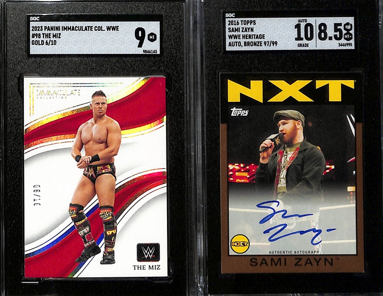 Lot of (5) Raw and SGC Graded Serial Numbered WWE Cards w. Gunther #/99, The Miz #/10, Sami Zayn #/99, Jimmy Uso #/10, and Andrade #/99