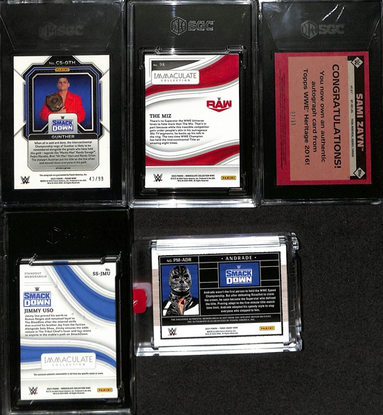 Lot of (5) Raw and SGC Graded Serial Numbered WWE Cards w. Gunther #/99, The Miz #/10, Sami Zayn #/99, Jimmy Uso #/10, and Andrade #/99