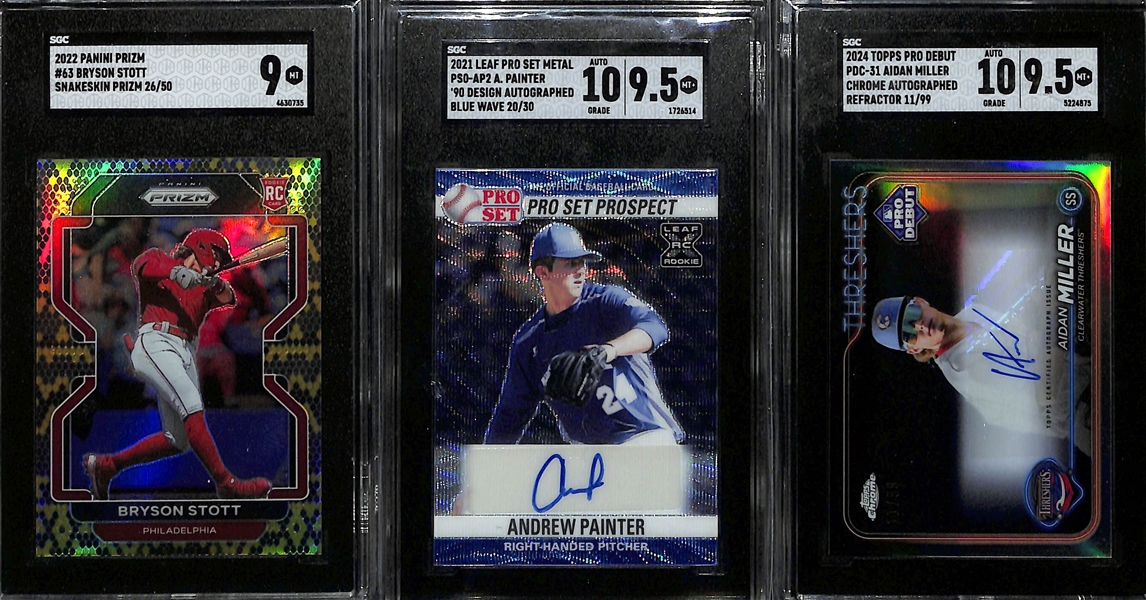 Lot of (3) SGC Graded Serial Numbered Philadelphia Phillies Cards w. Bryson Stott #/50, Andrew Painter #/30, and Aidan Miller #/99