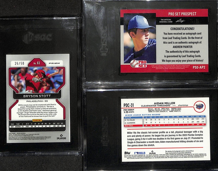 Lot of (3) SGC Graded Serial Numbered Philadelphia Phillies Cards w. Bryson Stott #/50, Andrew Painter #/30, and Aidan Miller #/99