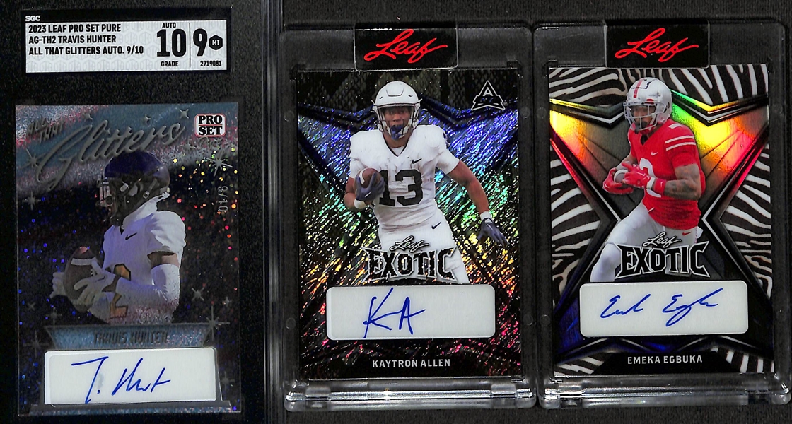 Lot of (3) Raw and Graded Leaf Football Autograph Cards w. Travis Hunter #/10, Kaytron Allen #/8, Emeka Egbuka #/8