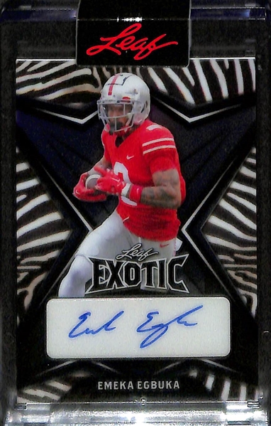 Lot of (3) Raw and Graded Leaf Football Autograph Cards w. Travis Hunter #/10, Kaytron Allen #/8, Emeka Egbuka #/8