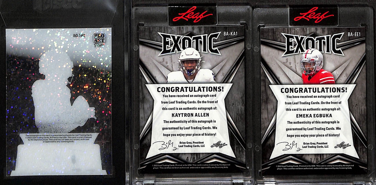 Lot of (3) Raw and Graded Leaf Football Autograph Cards w. Travis Hunter #/10, Kaytron Allen #/8, Emeka Egbuka #/8