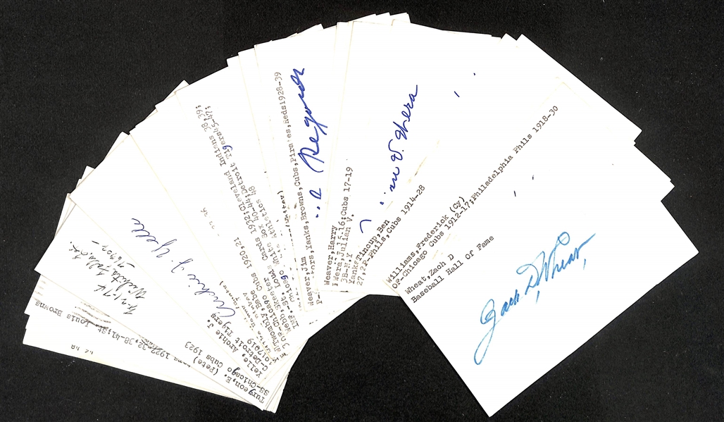 (45+) Signed 1910-1940s Baseball Index Cards w. Zach D. Wheat, Frederick Cy Williams, Rees Williams, Ben Tincup, Cecil Travis, +(JSA Auction Letter)