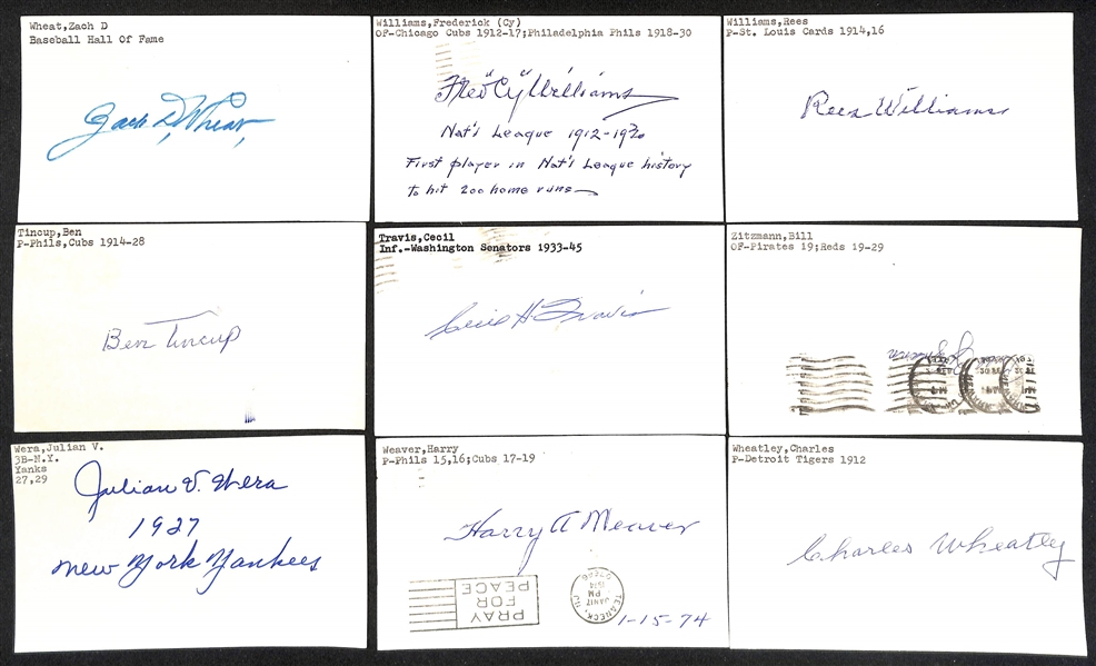 (45+) Signed 1910-1940s Baseball Index Cards w. Zach D. Wheat, Frederick Cy Williams, Rees Williams, Ben Tincup, Cecil Travis, +(JSA Auction Letter)