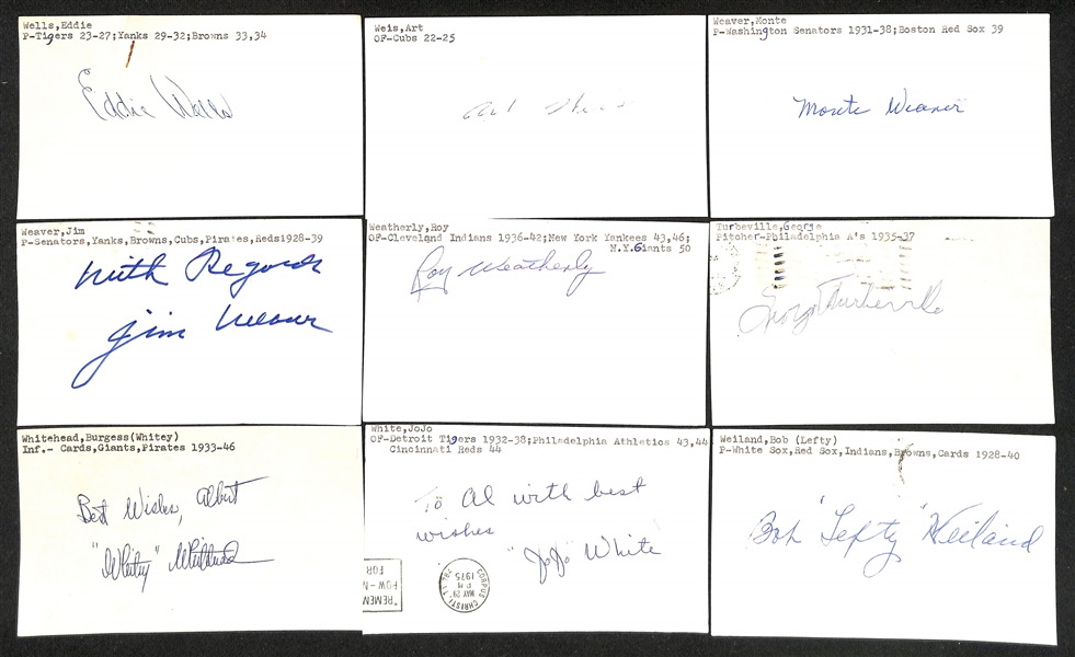 (45+) Signed 1910-1940s Baseball Index Cards w. Zach D. Wheat, Frederick Cy Williams, Rees Williams, Ben Tincup, Cecil Travis, +(JSA Auction Letter)