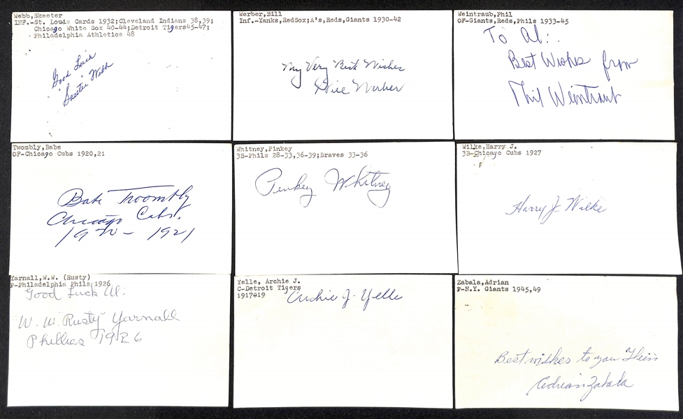(45+) Signed 1910-1940s Baseball Index Cards w. Zach D. Wheat, Frederick Cy Williams, Rees Williams, Ben Tincup, Cecil Travis, +(JSA Auction Letter)