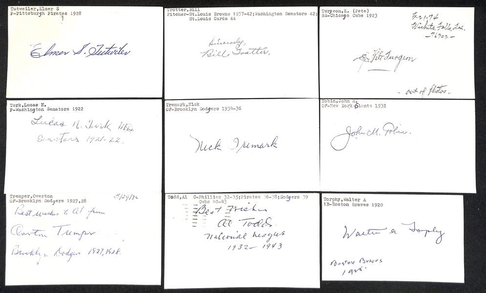 (45+) Signed 1910-1940s Baseball Index Cards w. Zach D. Wheat, Frederick Cy Williams, Rees Williams, Ben Tincup, Cecil Travis, +(JSA Auction Letter)