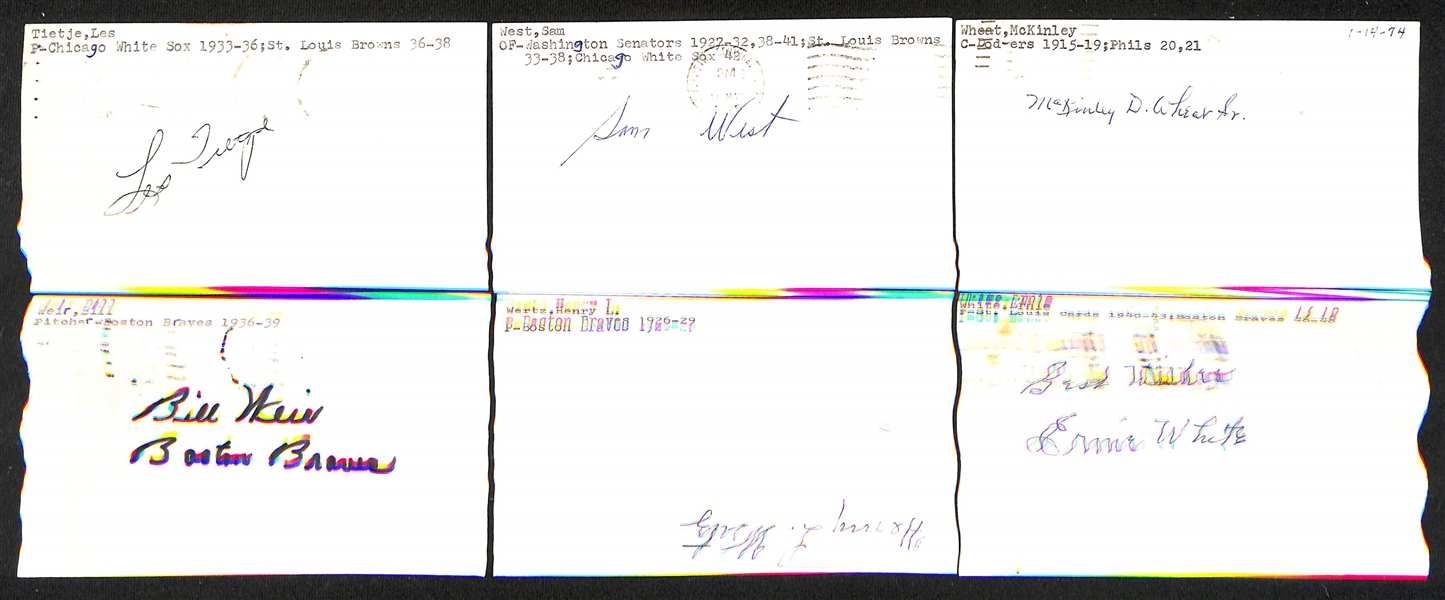 (45+) Signed 1910-1940s Baseball Index Cards w. Zach D. Wheat, Frederick Cy Williams, Rees Williams, Ben Tincup, Cecil Travis, +(JSA Auction Letter)