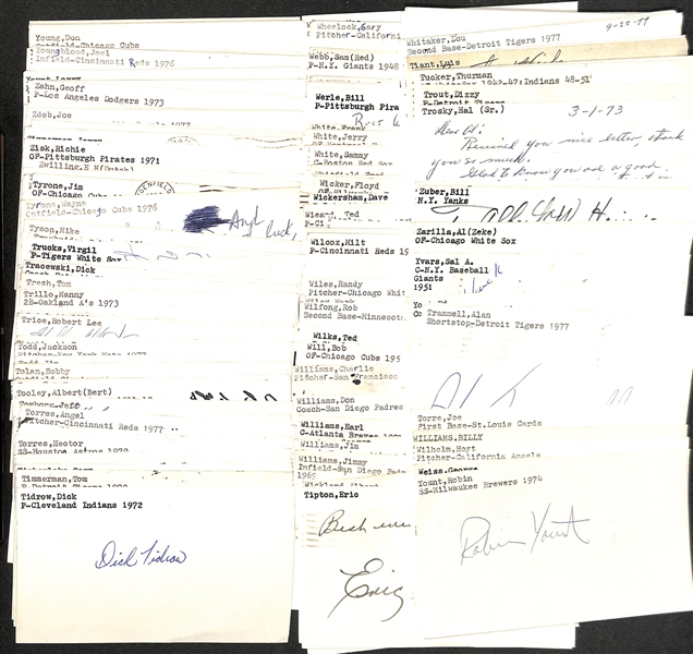 (125+) Signed Baseball Index Cards w. Robin Yount, George Weiss, Hoyt Wilhelm, + (JSA Auction Letter)