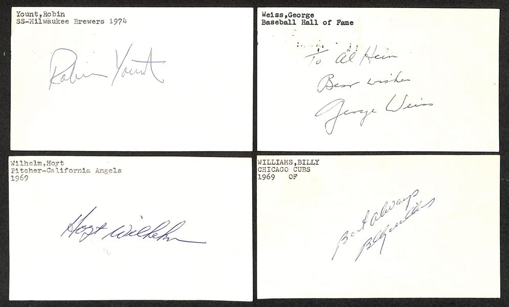 (125+) Signed Baseball Index Cards w. Robin Yount, George Weiss, Hoyt Wilhelm, + (JSA Auction Letter)