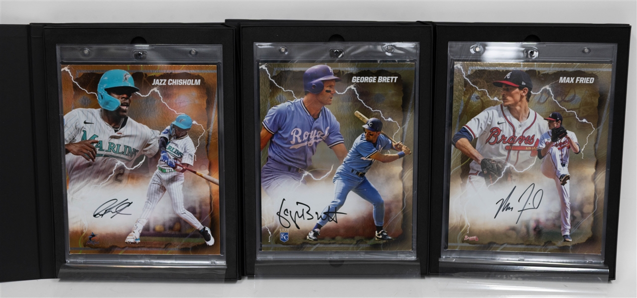 Lot of (3) Fanatics Under Wraps Emanate Baseball Signed and Numbered 8x10 Photocards w. George Brett, Max Fried, and Jazz Chisholm 
