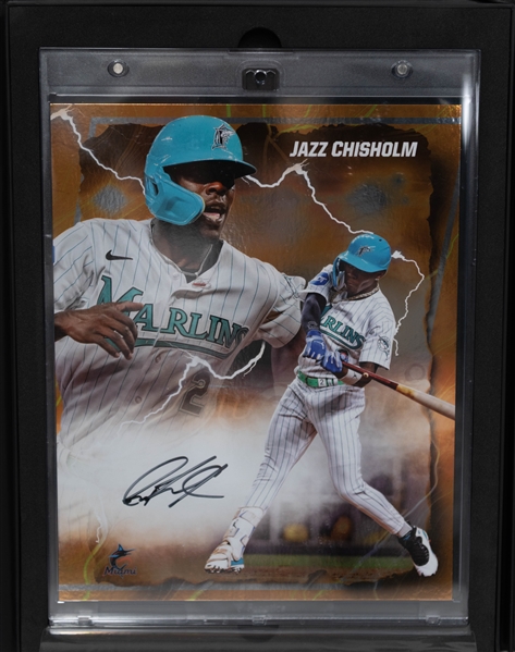 Lot of (3) Fanatics Under Wraps Emanate Baseball Signed and Numbered 8x10 Photocards w. George Brett, Max Fried, and Jazz Chisholm 