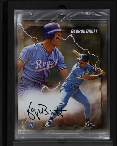 Lot of (3) Fanatics Under Wraps Emanate Baseball Signed and Numbered 8x10 Photocards w. George Brett, Max Fried, and Jazz Chisholm 