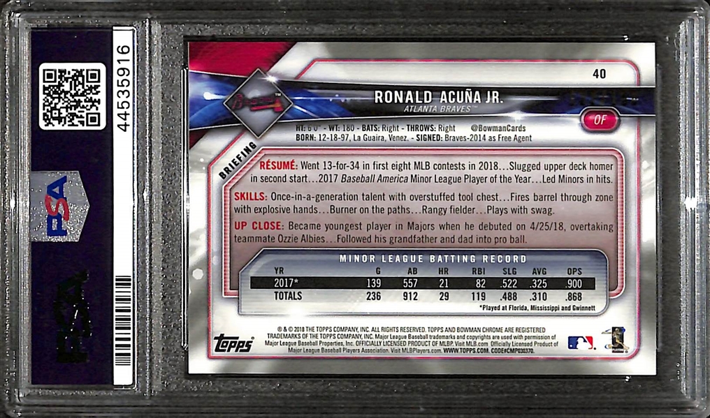 2018 Bowman Chrome Ronald Acuna Jr. Blue Refractor Rookie Card #40 Graded PSA 10