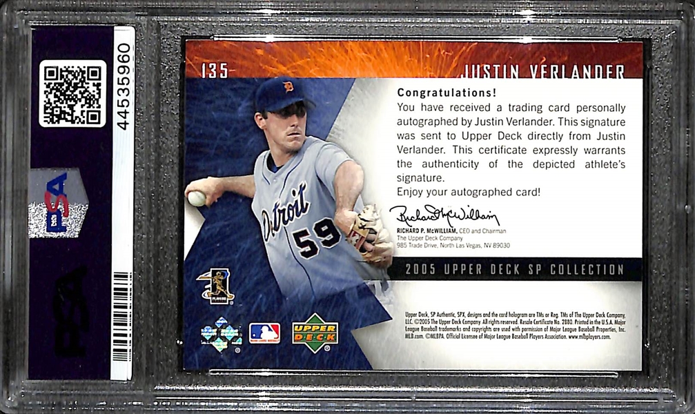 2005 SP Collection SPx Justin Verlander (#135) Rookie Autograph Card #ed 10/10 Graded PSA 9