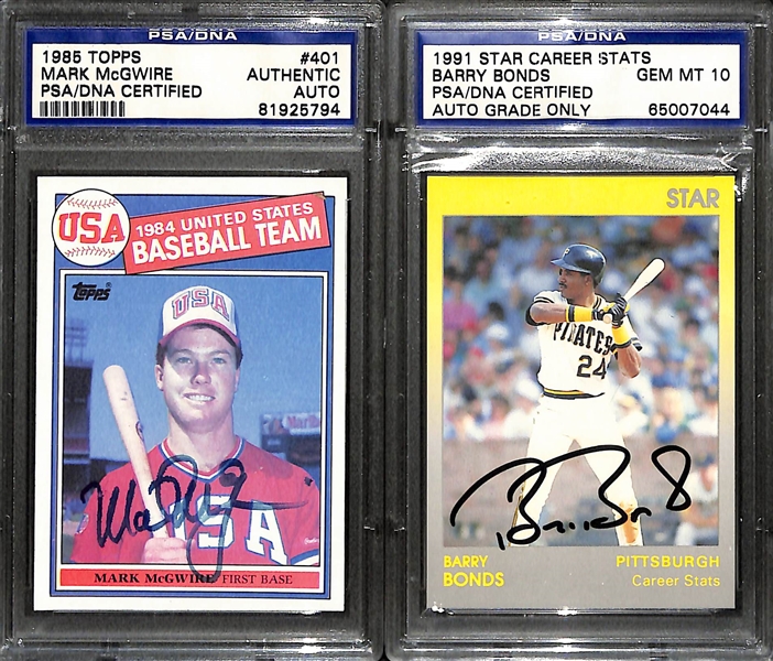 (2) Signed Cards - 1985 Topps Mark McGwire Rookie Card & 1991 Star Career Stats Barry Bonds Card (Both PSA/DNA Authenticated/Slabbed)