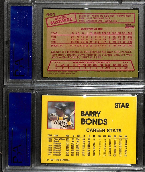 (2) Signed Cards - 1985 Topps Mark McGwire Rookie Card & 1991 Star Career Stats Barry Bonds Card (Both PSA/DNA Authenticated/Slabbed)