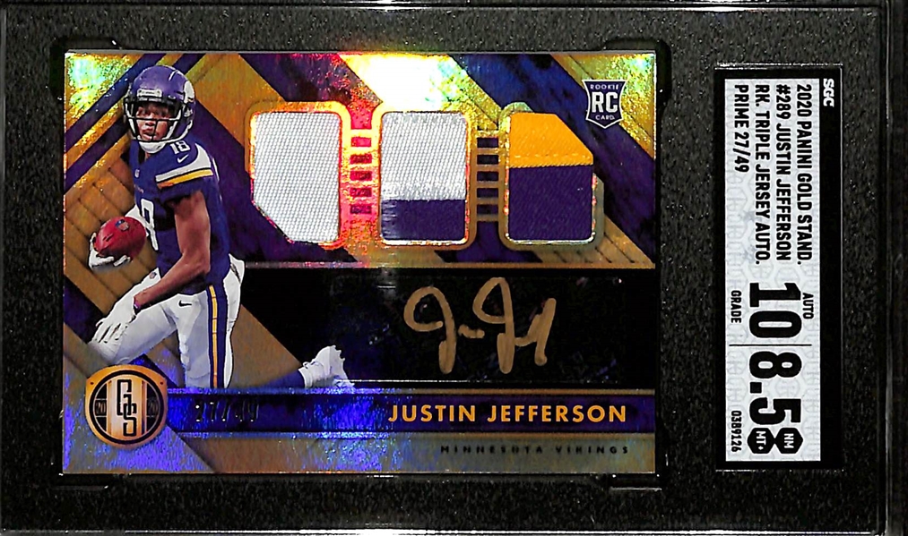 2020 Panini Gold Standard Justin Jefferson Rookie Autograph Triple Patch #/49 Graded SGC 8.5 (10 Autograph Grade)