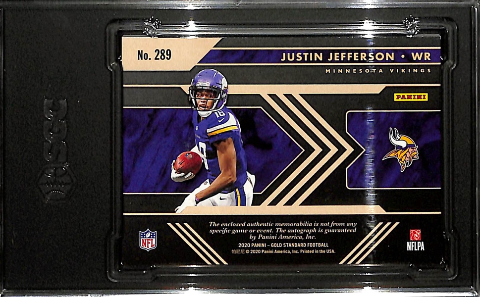 2020 Panini Gold Standard Justin Jefferson Rookie Autograph Triple Patch #/49 Graded SGC 8.5 (10 Autograph Grade)
