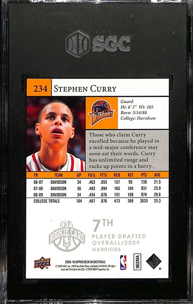 2009 Upper Deck Stephen Curry Rookie Card #234 Graded SGC 9
