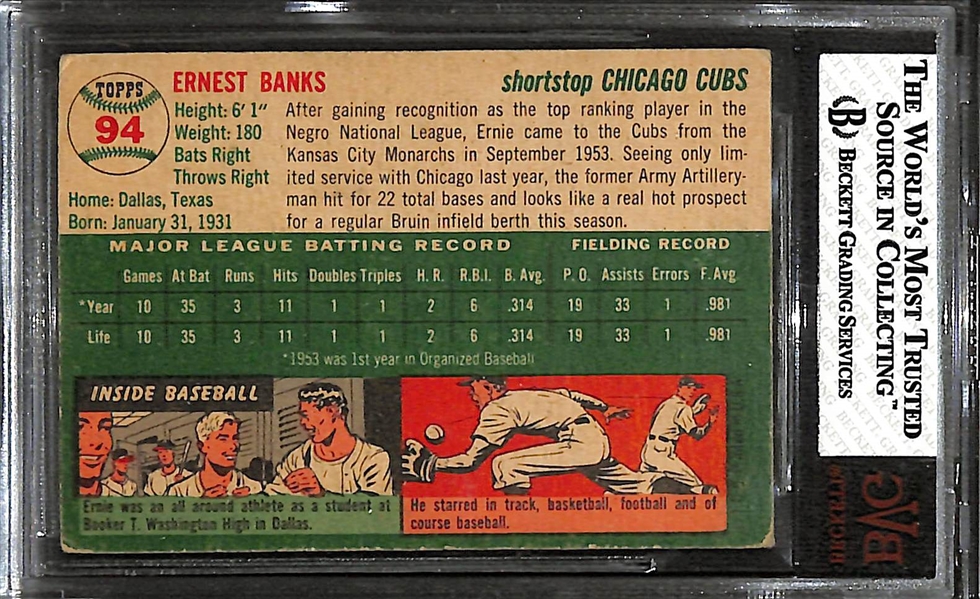 1954 Topps Ernie Banks Rookie Card #94 Graded Beckett BVG 3.5