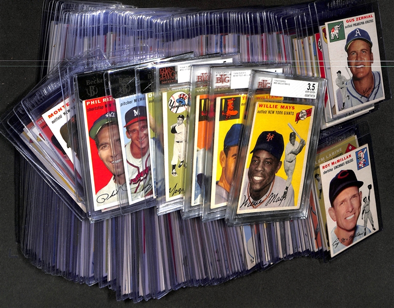 1954 Topps Near Complete Set - 246 of 250 Cards - Missing 4 Cards (Banks, Aaron, Kaline, J. Robinson) - Inc. Ted WIiliams #1 (BVG 3), Duke Snider (BVG Raw 5.5), Y. Berra (BVG 5), W. Mays (BVG 3.5),...