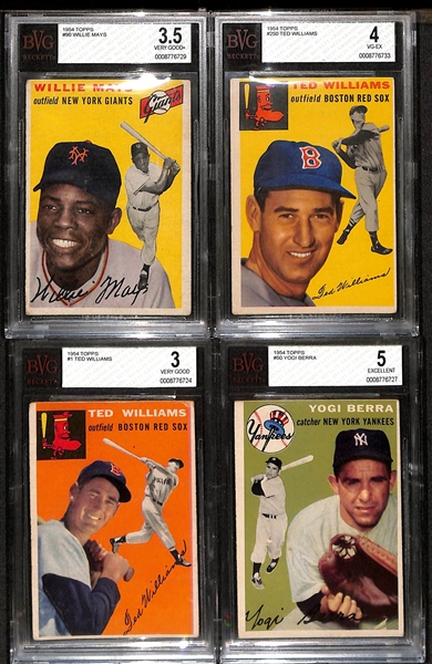 1954 Topps Near Complete Set - 246 of 250 Cards - Missing 4 Cards (Banks, Aaron, Kaline, J. Robinson) - Inc. Ted WIiliams #1 (BVG 3), Duke Snider (BVG Raw 5.5), Y. Berra (BVG 5), W. Mays (BVG 3.5),...