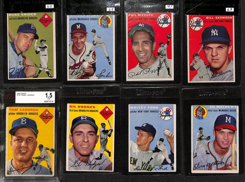 1954 Topps Near Complete Set - 246 of 250 Cards - Missing 4 Cards (Banks, Aaron, Kaline, J. Robinson) - Inc. Ted WIiliams #1 (BVG 3), Duke Snider (BVG Raw 5.5), Y. Berra (BVG 5), W. Mays (BVG 3.5),...