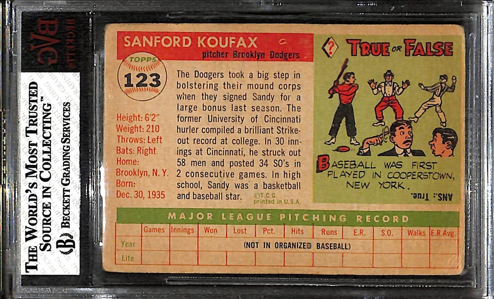1955 Topps Sandy Koufax Rookie Card #123 Graded Beckett BVG 3