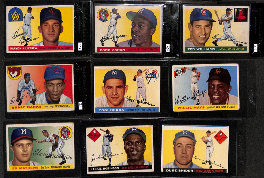 1955 Topps Near Complete Set - 204 of 206 Cards - Missing Koufax and Clemente - Inc. (4) Beckett Raw-Graded Cards Inc. Harmon Killebrew Rookie (BVG 4.5), Hank Aaron (BVG 4.0), Ted Williams (BVG...