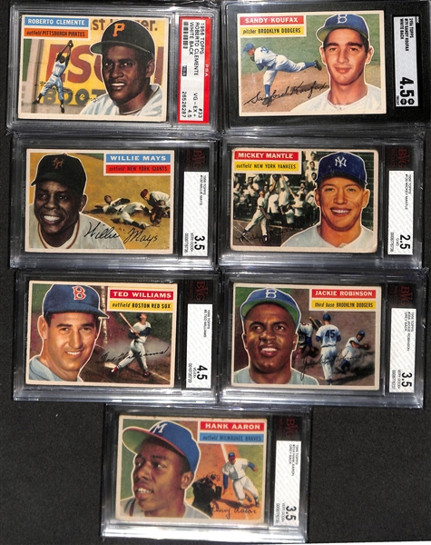 1956 Topps Complete Baseball Set (All 342 Cards Inc. Checklists) w. (25) Graded Cards Inc. Clemente (PSA 4.5), Koufax (SGC 4.5), Ted Williams (BVG 4.5), Mays (BVG 3.5), J. Robinson (BVG 3.5),...