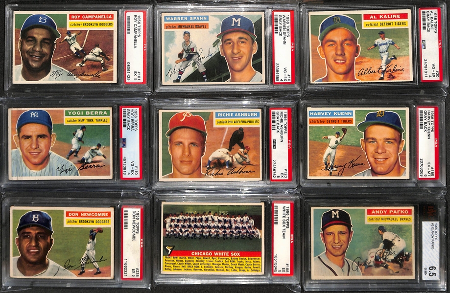 1956 Topps Complete Baseball Set (All 342 Cards Inc. Checklists) w. (25) Graded Cards Inc. Clemente (PSA 4.5), Koufax (SGC 4.5), Ted Williams (BVG 4.5), Mays (BVG 3.5), J. Robinson (BVG 3.5),...