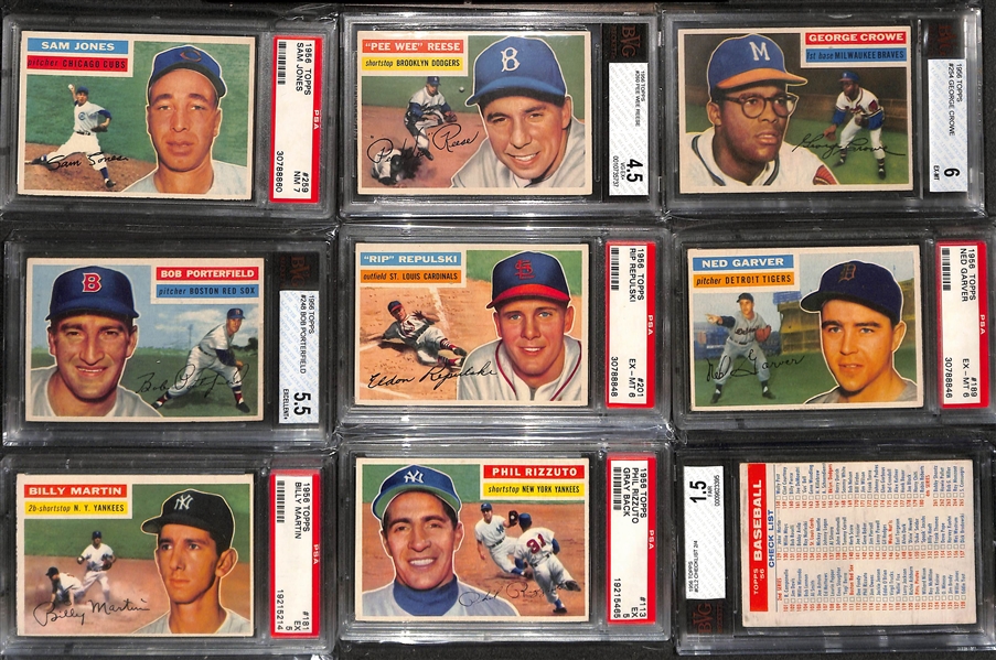 1956 Topps Complete Baseball Set (All 342 Cards Inc. Checklists) w. (25) Graded Cards Inc. Clemente (PSA 4.5), Koufax (SGC 4.5), Ted Williams (BVG 4.5), Mays (BVG 3.5), J. Robinson (BVG 3.5),...