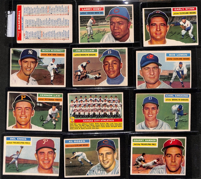 1956 Topps Complete Baseball Set (All 342 Cards Inc. Checklists) w. (25) Graded Cards Inc. Clemente (PSA 4.5), Koufax (SGC 4.5), Ted Williams (BVG 4.5), Mays (BVG 3.5), J. Robinson (BVG 3.5),...